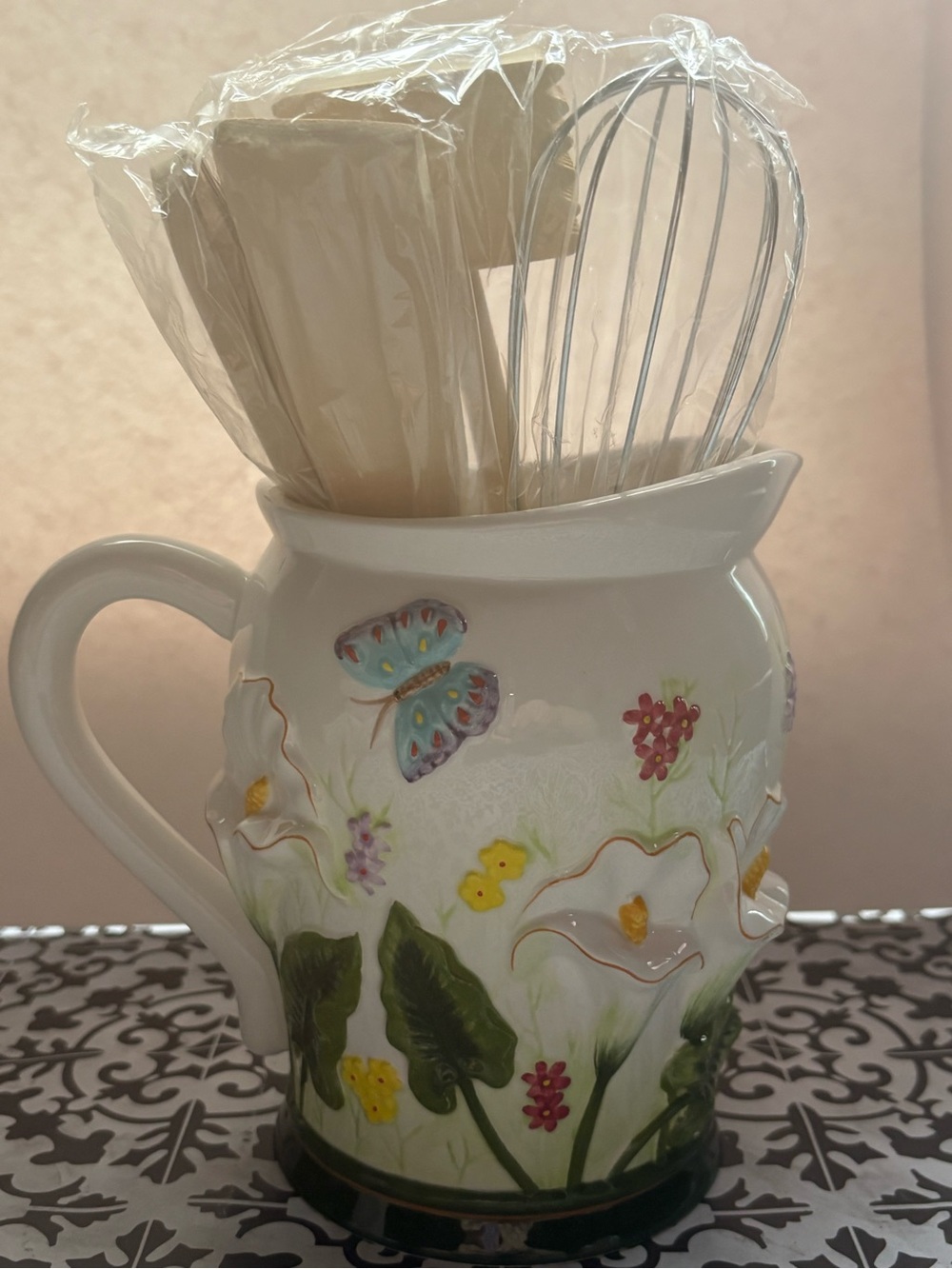 Butterfly & Floral Ceramic Utensil Pitcher